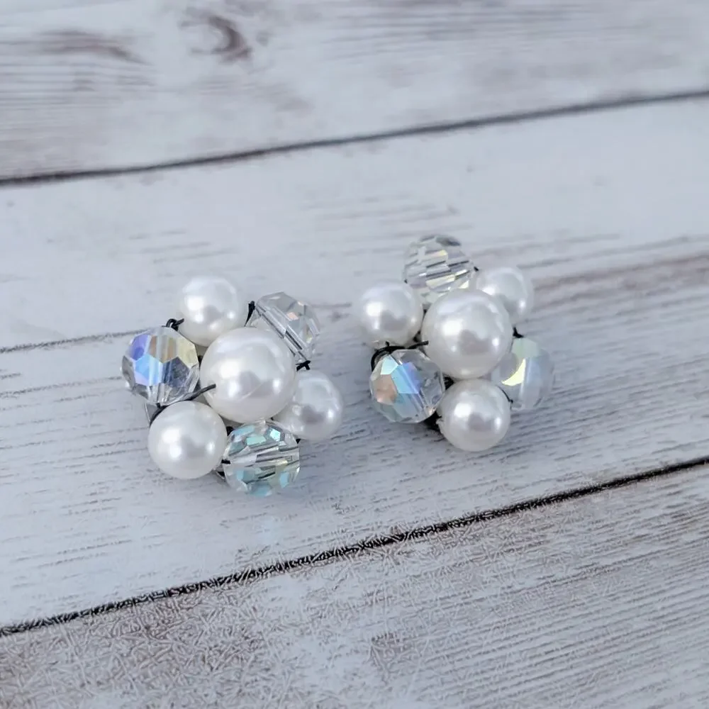 Vintage Clip On Earrings Faux Pearl & Iridescent Cluster Statement